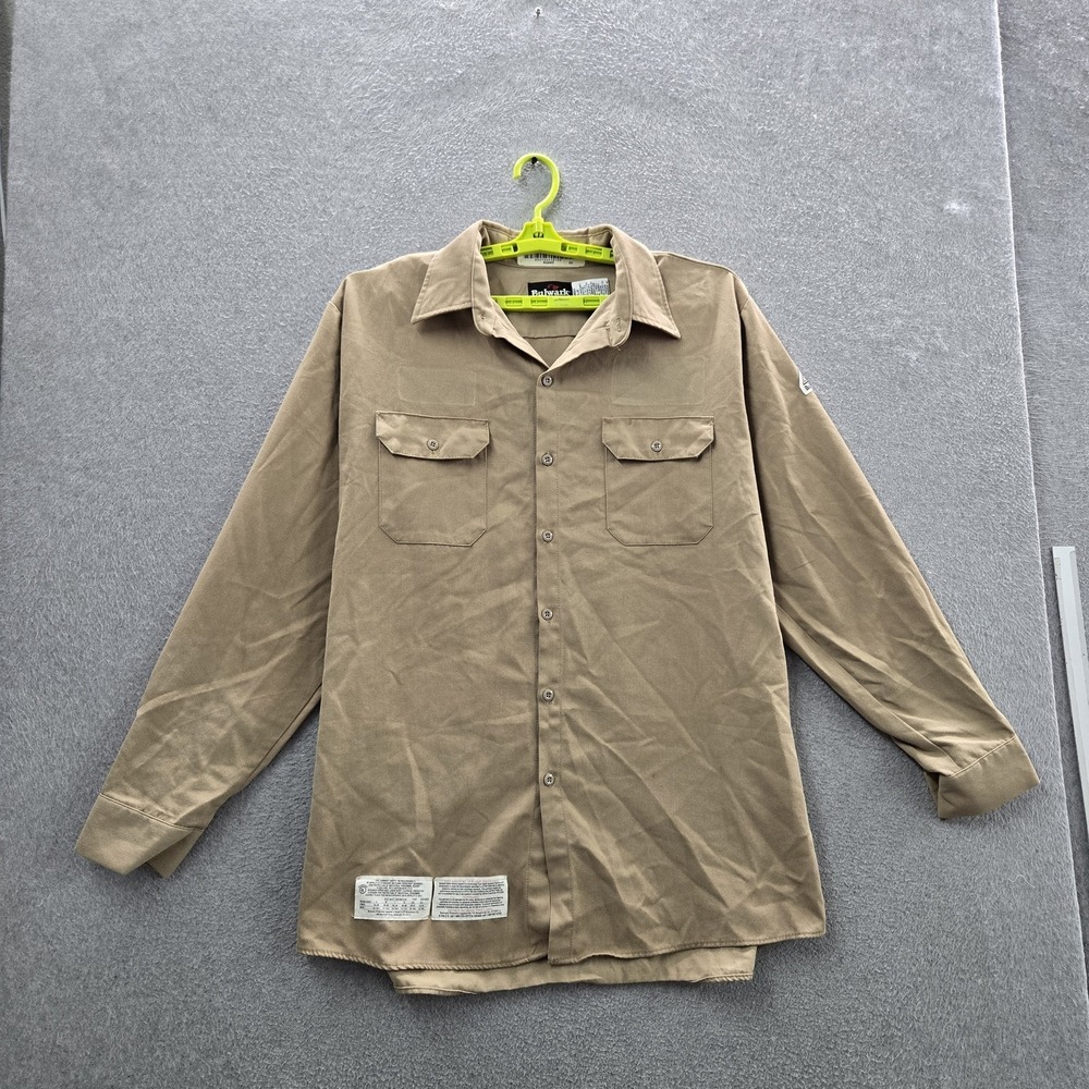Bulwark FR‎ Men Button Up Shirt XL  Khaki Twill Work Shirt Long Sleeve Logo
